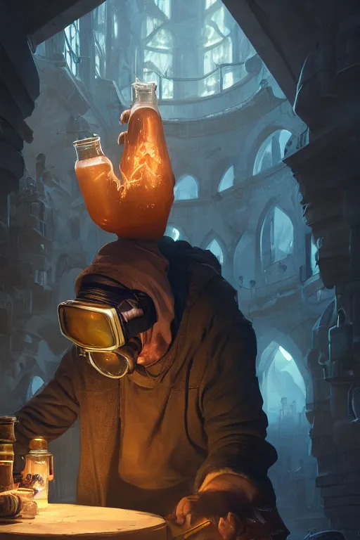 Prompt: An Alchemist inspecting a potion in his hand with goggles on by Greg Rutkowski, 4k photorealistic, volumetric lighting, HD, high details, dramatic, trending on artstation