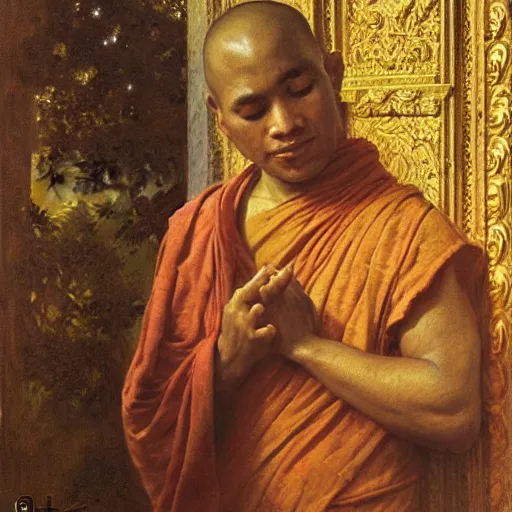 Image similar to highly detailed potrait of blind folded with cloth srilankan cunning buddhist monk praying in baroque style, painting by gaston bussiere, craig mullins, j. c. leyendecker, lights, art by ernst haeckel, john william godward, hammershøi,