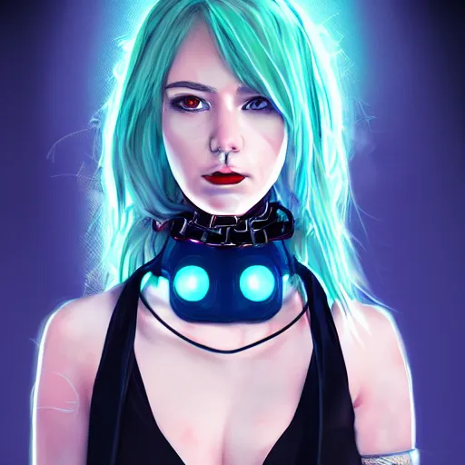 Prompt: female character cyberpunk wearing technological collar around neck, realistic, art, beautiful, 4K, collar, choker, collar around neck, punk, artstation, detailed, female, woman, choker, dark,