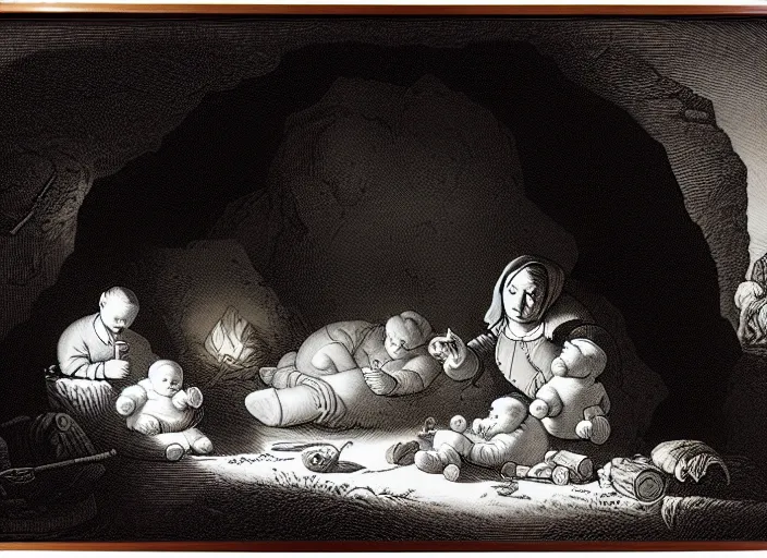 Image similar to Pieter Claesz's 'bear and her cubs sleeping in a dark cave lit by campfire', night time, cross hatching, framed