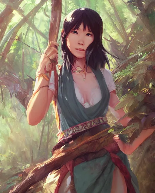 Image similar to an asian tribeswoman standing in the woods. By Makoto Shinkai, Stanley Artgerm Lau, WLOP, Rossdraws, James Jean, Andrei Riabovitchev, Marc Simonetti, krenz cushart, Sakimichan, D&D trending on ArtStation, digital art.