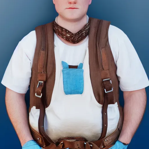 Image similar to close up headshot of a frowning clean shaven pudgy British lad with short curly dark brown hair as a hobbit wearing a white men's crossbody sling chest bag and blue vest, blue vest!! white crossbody chestbag!! high resolution film still, painting by Charlie Bowater