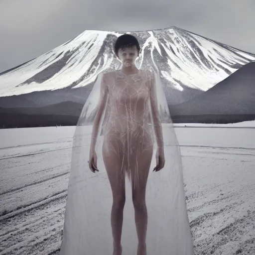 Image similar to coherent symmetrical face, a instax photo of fuji mountain, a tall japanese girl in a transparent sheer fabric dress against the background of fuji mountain, severe snow, full body shot, perfect symmetrical body, coherent symmetrical eyes, by peter kemp, by monia merlo, hyperrealistic, hyperdetailed, octane render, 8 k