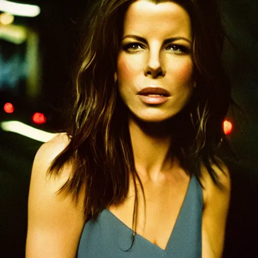 Prompt: medium shot of Kate Beckinsale, eyes closed, Cinestill 800t, photography by Lazar Bogdanović