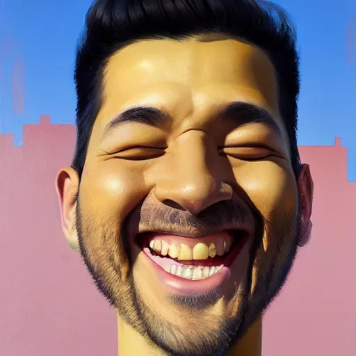 Prompt: portrait painting of smiling man, medium shot, asymmetrical, profile picture, organic painting, sunny day, matte painting, bold shapes, hard edges, street art, trending on artstation, by huang guangjian and gil elvgren and sachin teng