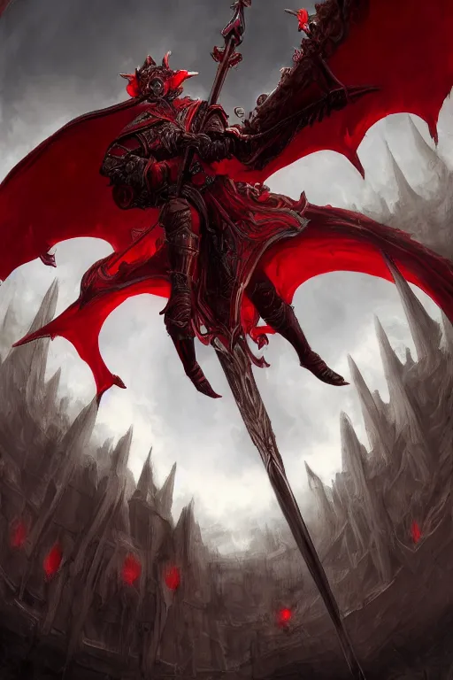 Image similar to a crimson mage riding a large bat as a dar souls boss, digital painting, trending on artstation, 8k, epic composition, intricate details, sharp focus