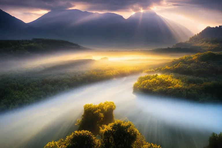 Image similar to landscape photography of fundatura ponorului by marc adamus, morning, mist, rays of light, beautiful