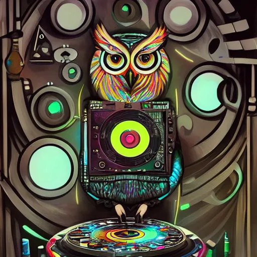 Image similar to an owl dj making techno music, artistic, cartoon, oil painting, futuristic, dramatic, very detailed, trending on artstation, surreal