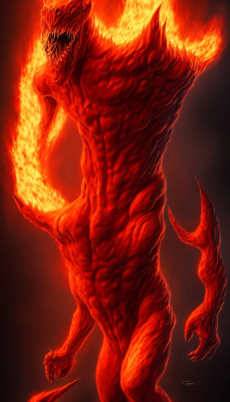Prompt: highly detailed photo of devil fire monster full body portrait, hyper realistic, art by greg rutsowski, concept art, 8 k detail post - processing