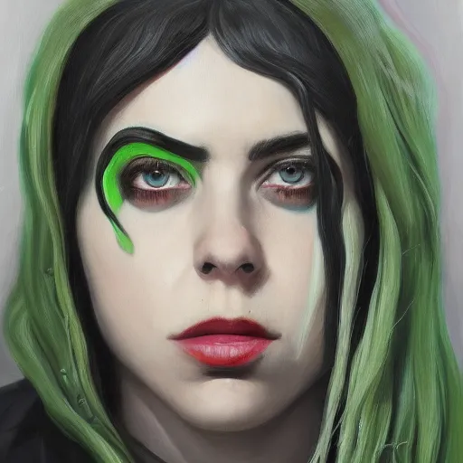 Image similar to Billie Eilish as female loki, oil on canvas, noir, trending on artstation, by Ian Sprigger