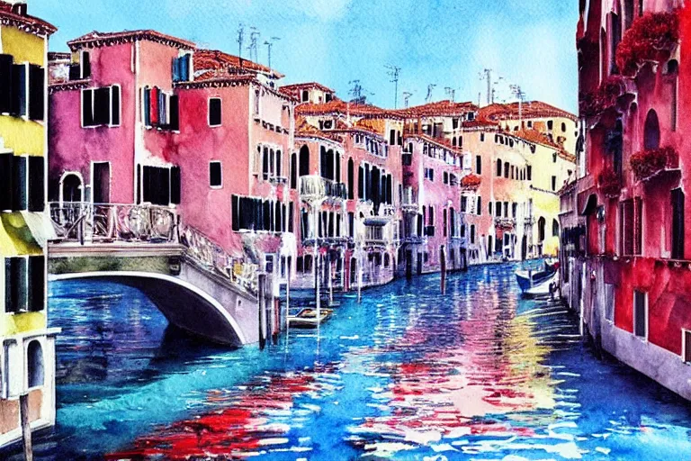 Prompt: !! watercolor!! venice in a sunny day, artwork by tooth wu, colorful contrast,!! very coherent!!, dark shadow, thick lineart