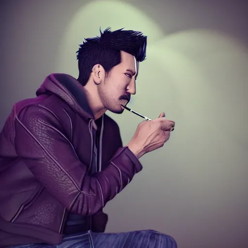 Image similar to 3 d render of markiplier smoking a cigarette, unreal engine, dslr, award winning, 8 k, octane beautifully detailed render, cold lighting, cinematic lighting, detailed photo,