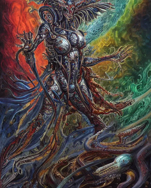 Image similar to silver mechanical charred bloody fleshmetal obliterator cyborg daemonhost woman wearing robes, psychedelic flamer of tzeentch with extra arms gunner, blue and green rainbow fire, by antonio j. manzanedo, alex grey, android jones, wayne barlowe, philippe druillet, josephine wall, harumi hironaka, cronenburg, trending on artstation