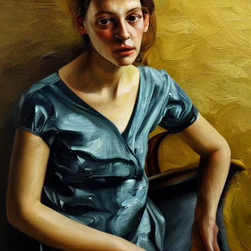 Image similar to high quality high detail oil painting of a young woman by lucian freud, thick brushstrokes, hd, photorealistic lighting