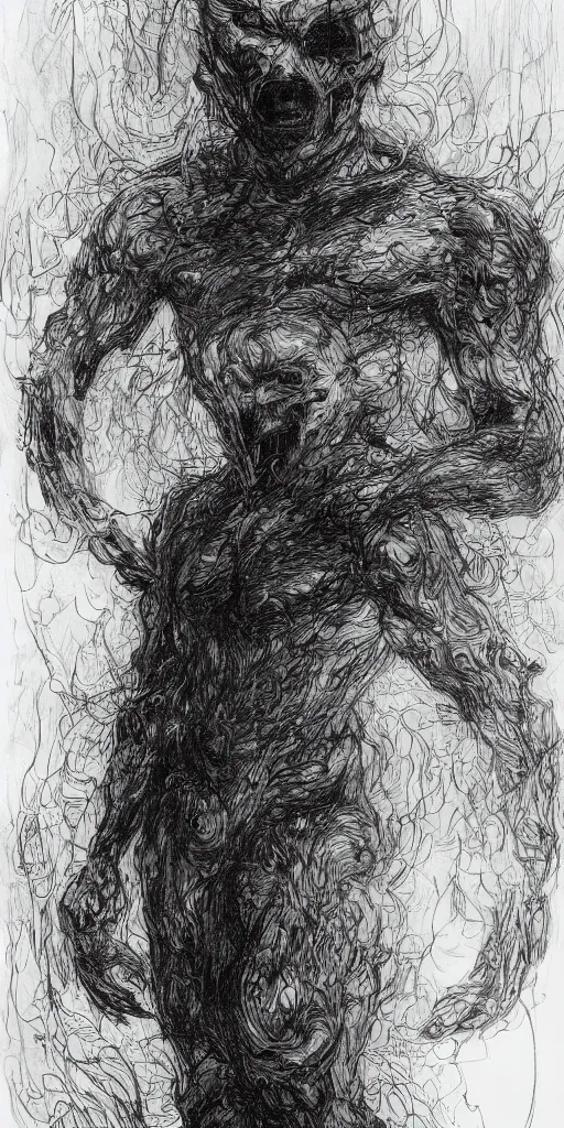 Image similar to concept art of a man in a menacing stance with his body covered in burns, with black smoke coming out of his hands, full body, dark colors, sinister atmosphere, dramatic lighting, cinematic, establishing shot, extremely high detail, photo realistic, cinematic lighting, pen and ink, intricate line drawings, by Yoshitaka Amano, Ruan Jia, Kentaro Miura, Artgerm, post processed, concept art, artstation, matte painting, style by eddie mendoza, raphael lacoste, alex ross,