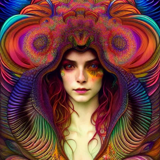 Image similar to An extremely psychedelic experience, reality bending, colorful, surreal, feathers, illuminated, magic mushrooms, psilocybin, LSD, face, detailed, intricate, elegant, highly detailed, digital painting, artstation, concept art, smooth, sharp focus, illustration, art by Krenz Cushart and Artem Demura and alphonse mucha