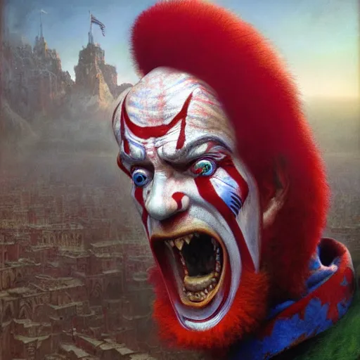 Prompt: vladimir putin, is a jester, circus performance, have red clown nose, fantasy 3 d render, masterpiece, by donato giancola and greg rutkowski and wayne barlow and zdzisław beksinski, realistic face