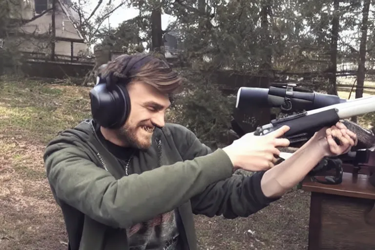 Prompt: pewdiepie doing a gaming video with a gun