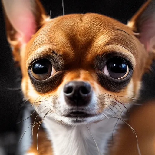 Prompt: studio photo of a chihuahua cat hybrid with feline face, 4k