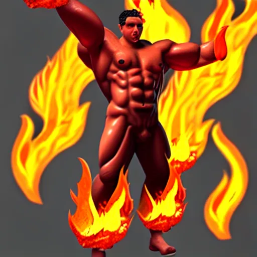 Prompt: a masculine and ripped fire elemental