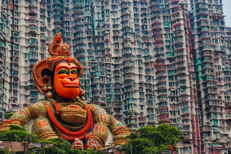 Image similar to high quality 3 d cyberpunk biomorphic hanuman head building in the middle of mumbai!!, kalighat highly detailed, cinematic smooth, stephen shore & john j. park, soft morning light, wide shot, high angle, uhd 8 k, deep focus