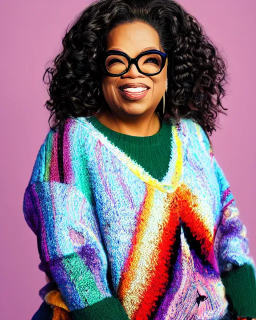 Image similar to headshot of the oprah winfrey, wearing a colorful coogi sweater, and black jeans, photoshoot in the style of annie leibovitz, studio lighting, soft focus, bokeh