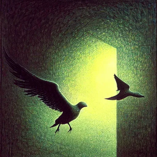 Image similar to flying birds, shining light, by beksinski, shining light, strong perspective, clear geometry, architecture, Award winning. Masterpiece, detailed illustration