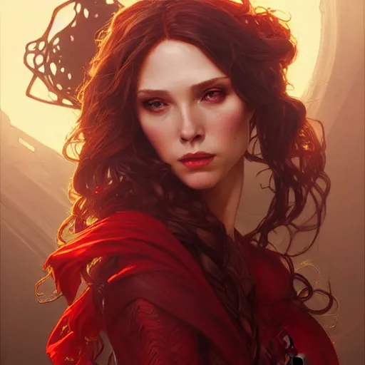 Image similar to Ashley Greeneas Scarlet Witch, western, D&D, fantasy, intricate, elegant, highly detailed, digital painting, artstation, concept art, matte, sharp focus, illustration, art by Artgerm and Greg Rutkowski and Alphonse Mucha