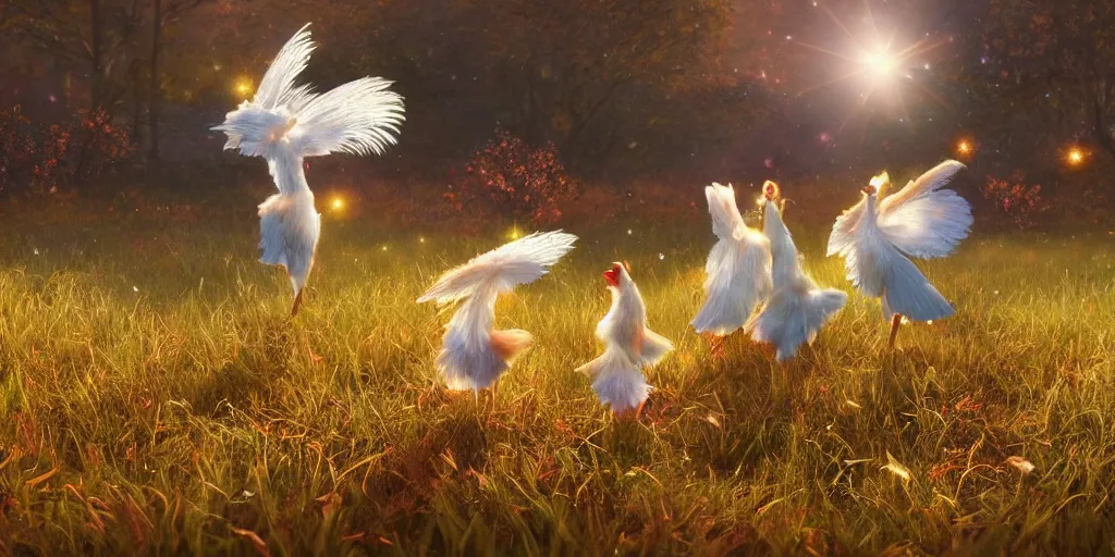 Prompt: magical fairy chickens frolicking in a field, autumn, sparkles, light beams, photorealistic, hyperrealistic, 8 k, trending on artstation