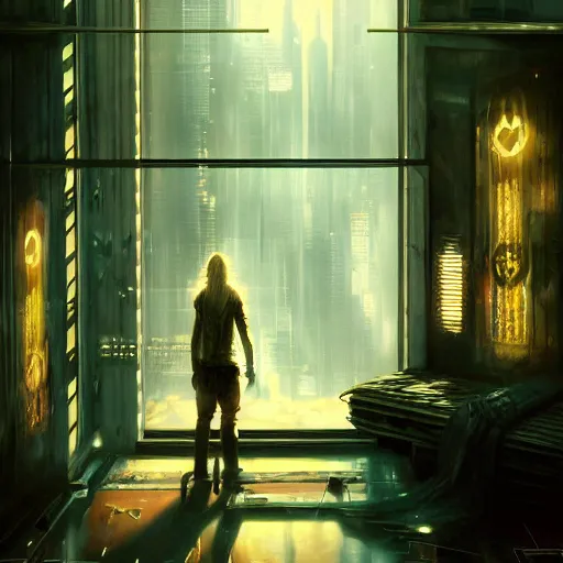 Image similar to cyberpunk living room interior, windows, light rays, buildings, dystoptian, gorgeous view, no person, depth, painted by Seb McKinnon, clouds, tending on artstation