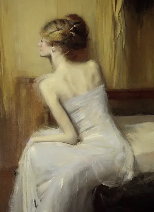 Image similar to beautiful portrait painting of an elegant victorian woman posing in an artistic pose over a bed, by jeremy mann, only one head single portrait