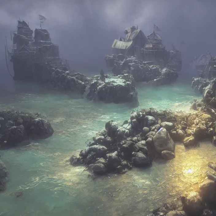 Image similar to an underwater settlement painted by, mc escher, gordon onslow ford, georgia o'keeffe and ivan aivazovsky, cinematic light, god rays, unreal engine, zbrush central,