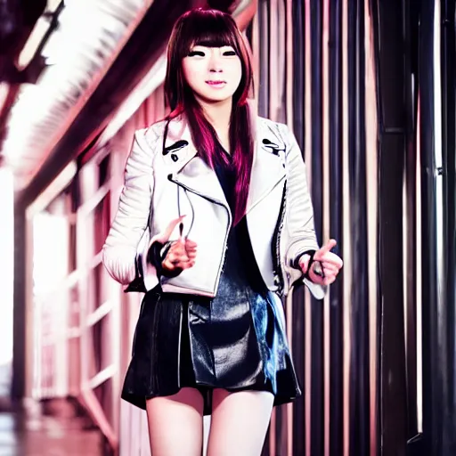 Image similar to an epic cinematic 8K HD movie shot of a japanese young J-Pop idol girl wearing leather jacket, miniskirt, nylon tights and high heels boots. Inspirational arthouse