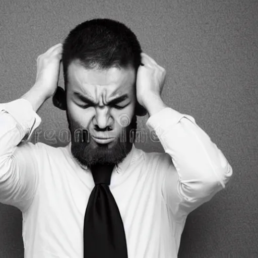 Prompt: a man who is covering his ears from a very loud noise, pained expression, stock photography, shutterstock, 4 k