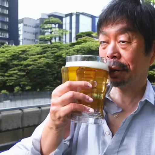 Prompt: Photo of a professor drinking beer in Tokyo