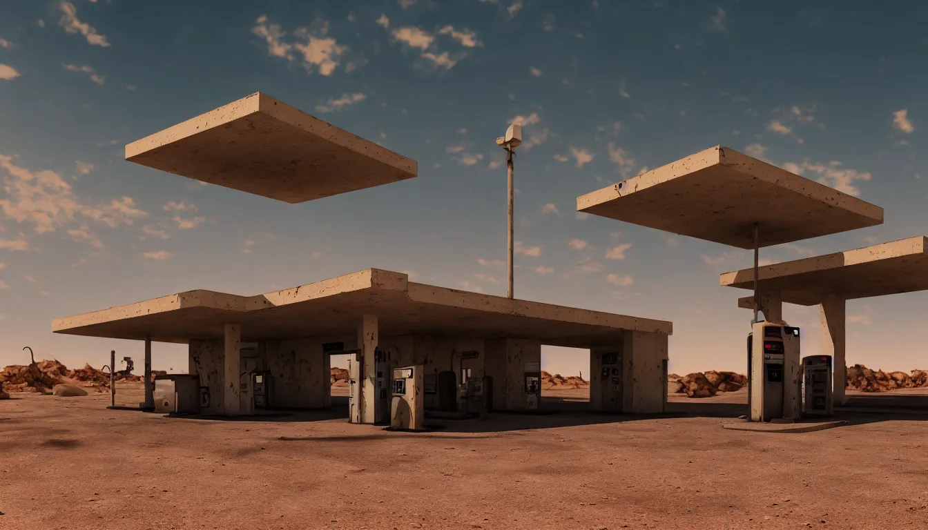 Prompt: abandoned gas station in middle of desert, ambient, futuristic, glowing, very detailed, colourfull, 4 k