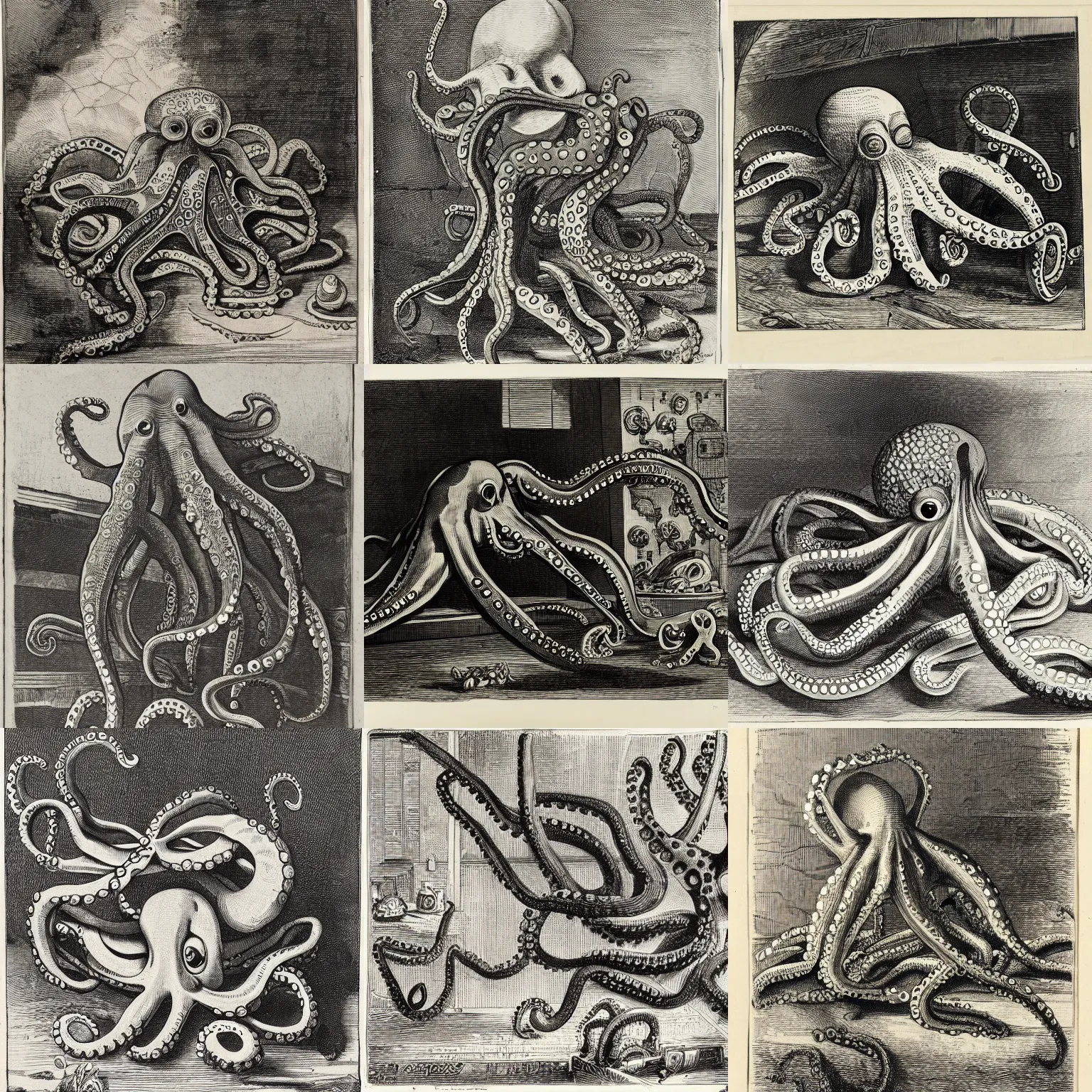 Prompt: an octopus lost in a garage, engraving, ink, black and white, 1 7 th century