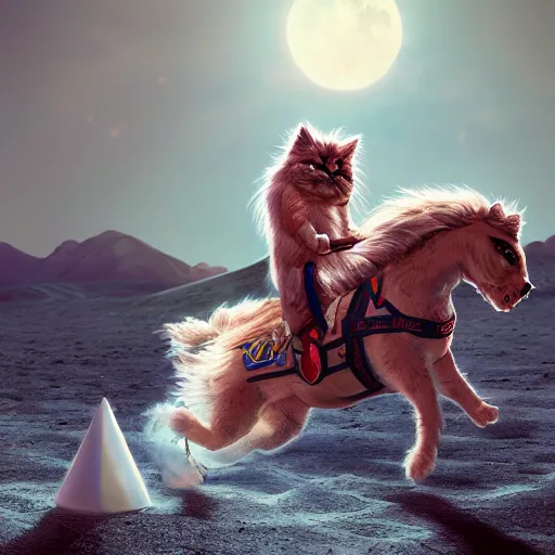 Prompt: A hyper real comic book style portait painting of a persian cat man riding a horse on the moon, Chile flag on the ground, unreal 5, hyperrealistic, octane render, cosplay, RPG portrait, dynamic lighting