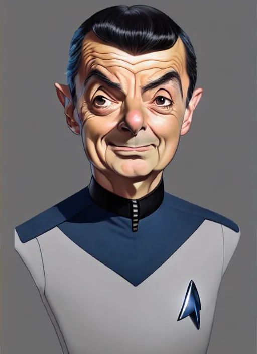 Image similar to cute star trek officer mr bean, natural lighting, path traced, highly detailed, high quality, digital painting, by don bluth and ross tran and studio ghibli and alphonse mucha, artgerm