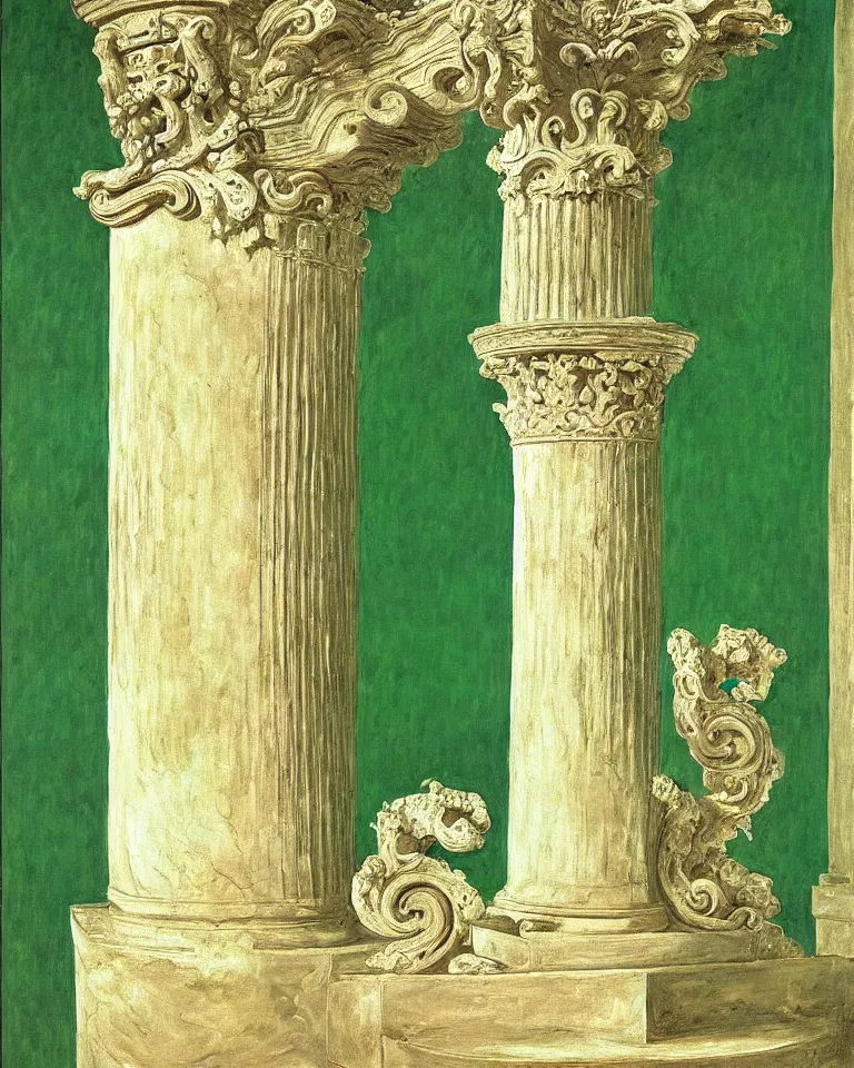 Image similar to achingly beautiful painting of intricate ancient roman corinthian capital on jade background by rene magritte, monet, and turner. giovanni battista piranesi.