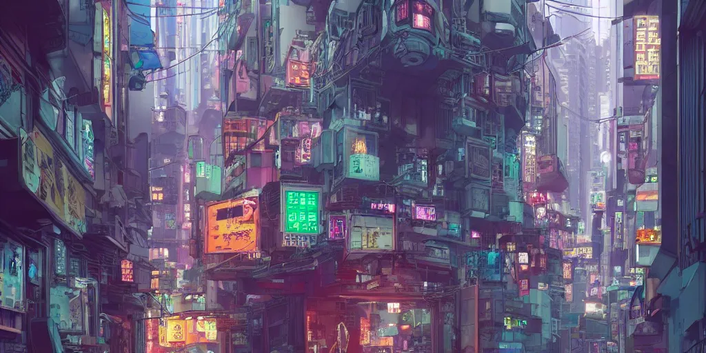 Image similar to a cyberpunk hong kong alley with robots and humans walking around by moebius, pixar color palette, clear details, street level, 8k