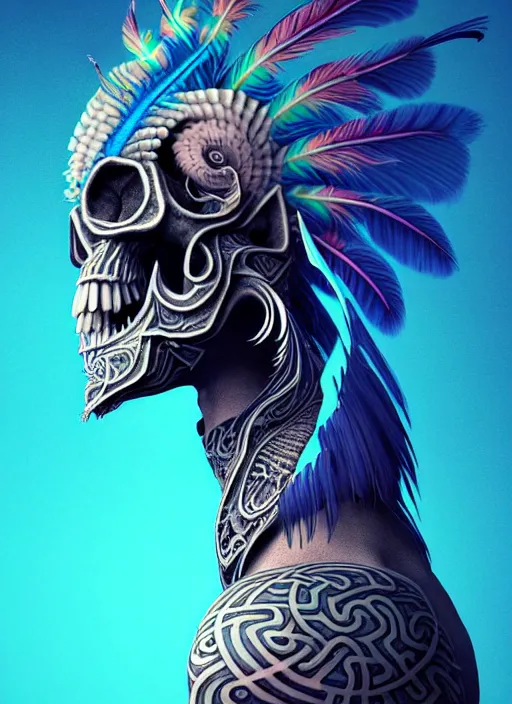 Image similar to 3 d shaman with tattoos profile portrait, sigma 5 0 0 mm f / 5. beautiful intricate highly detailed quetzalcoatl skull and feathers. bioluminescent, gradient background, plasma, frost, water, wind, creature, thunderstorm! artwork by tooth wu and wlop and beeple and greg rutkowski, 8 k trending on artstation,