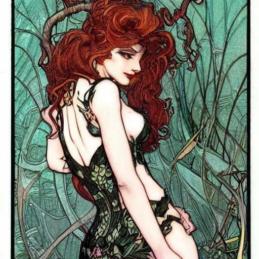 Image similar to a beautiful and detailed tarot card of a seductive poison ivy dressed as a lawyer in the big city, dark eyeliner, intricate, elegant, highly detailed, digital painting, artstation, concept art, matte, sharp focus, illustration, art by rebecca guay and by arthur rackham and by alphonse mucha and by john william waterhouse