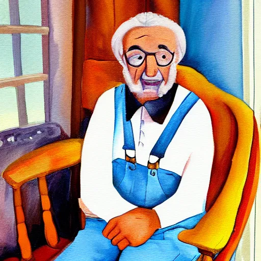 Prompt: a painting of grandpa yocheved avigayil batya tzfira wearing overalls on a rocking chair, telling stories, cute and wonderful vivid painting