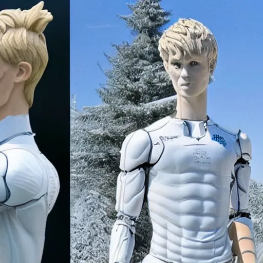 Image similar to a realistic detailed photo of a guy who is an attractive humanoid who is half robot and half humanoid, who is a male android, soccer player martin ødegaard, shiny skin, posing like a statue, blank stare, by the pool, on display, showing off his muscles, humanoid robot, frozen ice statue