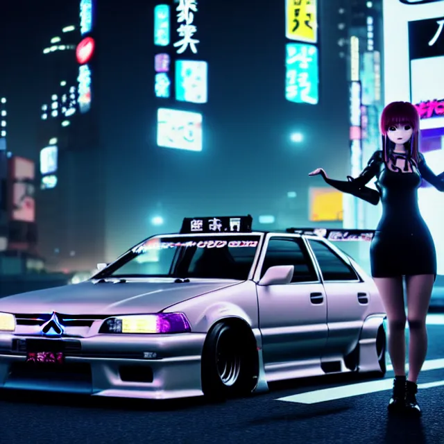 Image similar to toyota jzx 1 0 0 drift with cyberpunk girl standing, detailed - wheels, shibuya prefecture, cinematic lighting, photorealistic, night photography, octane render by tomino - sama