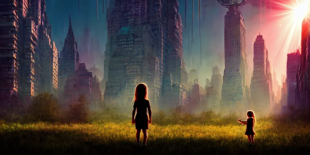 Prompt: textless sci - fi scene future new york cityscape, little girl in manhattan holding hand of giant robot, lonely girl, forest punk, crepuscular rays, epic scene, hyper realistic, photo realistic, overgrowth, cinematic atmosphere, ethereal lighting,