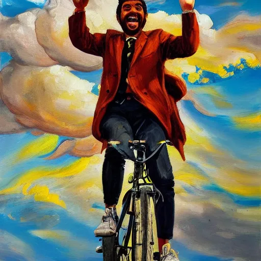 Image similar to A painting of a joyful man riding a bicycle in the clouds, action shot, subject is smiling, expressive oil painting