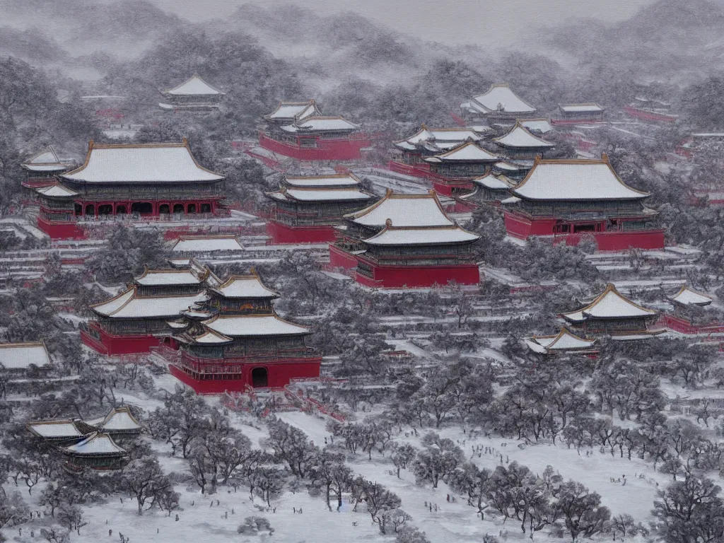 Image similar to forbidden city on snow mountain, highly detailed, cinematic landscape ， on a snowy day, oil painting style, by xu beihong