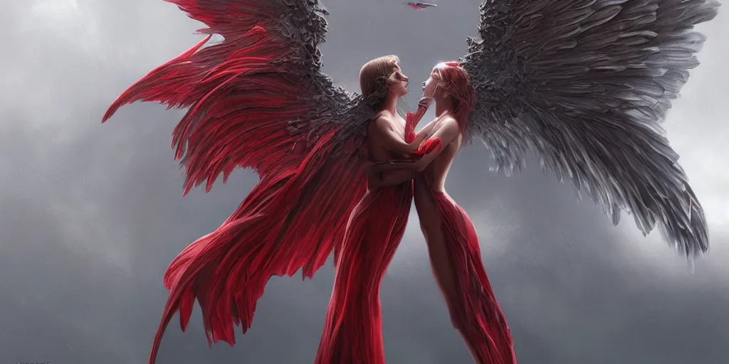 Image similar to ultra realistic, beautiful winged angel kissing gorgeous red devil, sci-fi, fantasy, mythical, intricate, elegant, highly detailed, digital painting, octane render, substance painter, zbrush, artstation, concept art, smooth, sharp focus, eerie, illustration, 8k, HD, art by artgerm and greg rutkowski and raphael